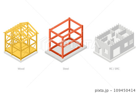 建築構造の図解イラスト、木造・鉄骨・鉄筋コンクリート・鉄骨鉄筋コンクリートのアイソメトリックイラスト 建築構造の図解イラスト、木造・鉄骨・鉄筋コンクリート・鉄骨鉄筋コンクリートのアイソメトリックイラスト 109450414