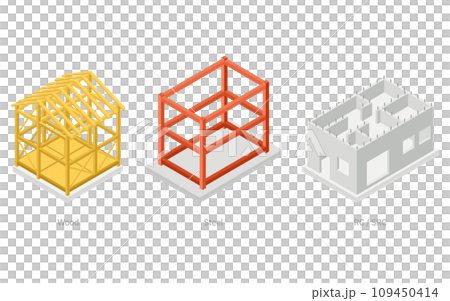 建築構造の図解イラスト、木造・鉄骨・鉄筋コンクリート・鉄骨鉄筋コンクリートのアイソメトリックイラスト 建築構造の図解イラスト、木造・鉄骨・鉄筋コンクリート・鉄骨鉄筋コンクリートのアイソメトリックイラスト 109450414