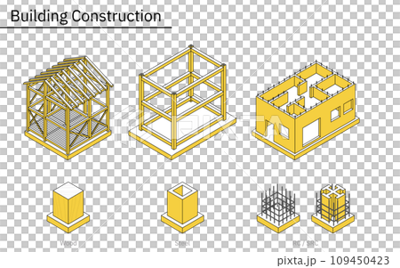 建築構造の図解イラスト、木造・鉄骨・鉄筋コンクリート・鉄骨鉄筋コンクリートのアイソメトリックイラスト 建築構造の図解イラスト、木造・鉄骨・鉄筋コンクリート・鉄骨鉄筋コンクリートのアイソメトリックイラスト 109450423