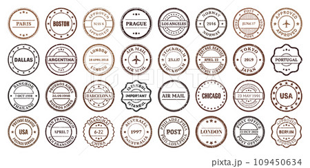 Post stamps, labels and badges. Grunge imprints and postmarks. Brown vintage circle postcard watermarks. Used envelope design elements. Vector illustration Post stamps, labels and badges. Grunge imprints and postmarks. Brown vintage circle postcard watermarks. Used envelope design elements. Vector illustration 109450634