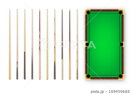 Various wooden billiard cues and green pool table. Snooker sports equipment. Vintage cue. Recreation and hobby, competitive game. Vector illustration 109450688