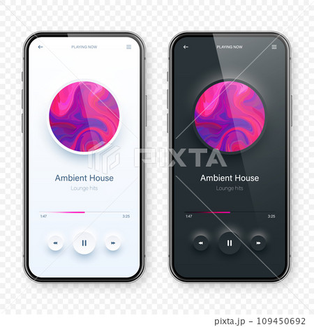 Online audio player user interface, smartphone app UI design. Music, media streaming and listening platform. Responsive mobile application. Neumorphism, neumorphic style. Vector illustration. 109450692