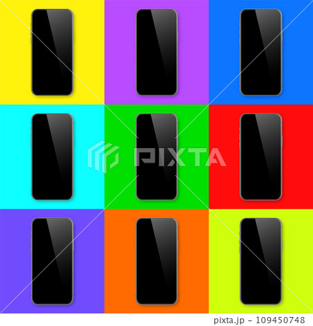 Realistic smartphone with blank touch screen on colorful background. Frameless mobile phone in front view. High quality detailed device mockup. Vector illustration Realistic smartphone with blank touch screen on colorful background. Frameless mobile phone in front view. High quality detailed device mockup. Vector illustration 109450748
