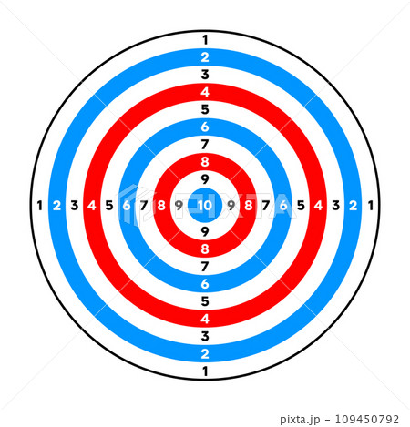 Shooting range paper target with divisions, marks and numbers. Archery, gun shooting practise and training, sport competition and hunting. Bullseye and aim. Vector illustration 109450792