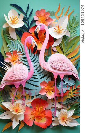 カラフルな花とフラミンゴ（タテ） 109451974