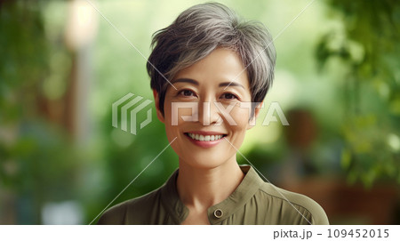 緑の中で微笑む美しい中年女性　AI生成画像 109452015