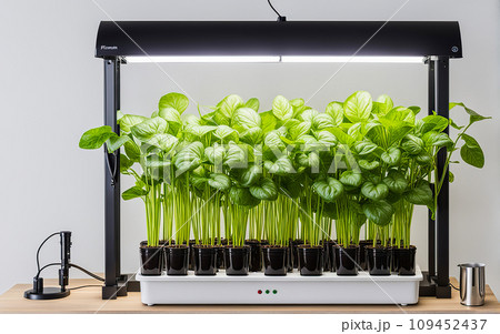 Aeroponics and hydroponics are eco-friendly. Installation for growing plants in house and anywhere. Greening technologies for home and space. Sprouts in pots under a lamp. Generated Playground Ai 109452437