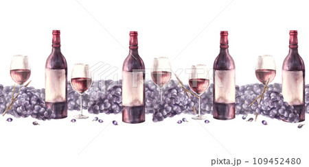 A bottle and glass of red wine with bunches of grapes, berries. Seamless border pattern. Watercolour hand draw food illustration. Wine making, bar wine list, menu, wrapping. Isolated white background. 109452480