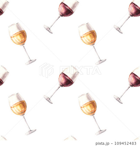 Watercolour seamless pattern with glasses of white and red wine. Hand drawn illustration. Winemaking label, wine list, bar, restaurant menu, packing, wallpaper, textiles. Isolated on white background 109452483