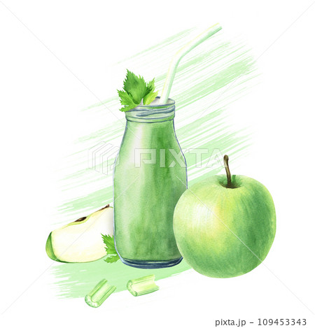 Green smoothie of celery and apple with brushstrokes. Hand drawn watercolor food illustration isolated on white background. For clip art cards menu label package 109453343
