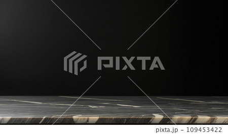 AI-generated content. Empty table marble black countertop on black wall background. Empty dark abstract room black marble table used as studio display presentation product 109453422