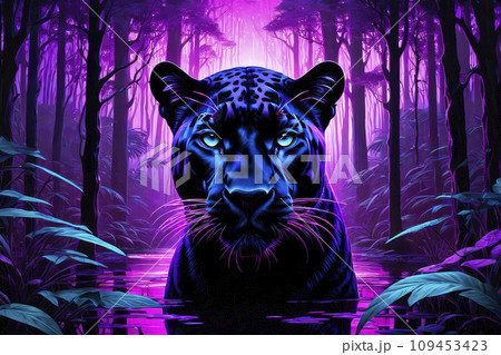 Abstract portrait of a adorable panther in glowing neon style. Animal graphic illustration. 109453423