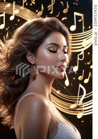Music party invitation with silhouette elegance girl profile with music gold note hair. Night club concert flyer. 109453430