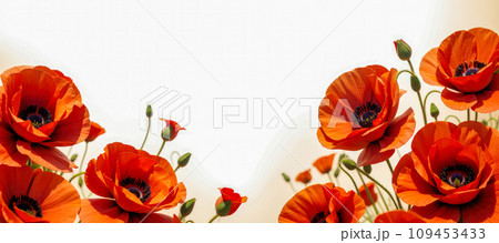 AI-generated content. Field of poppies. Red poppy flowers on pastel background. Remembrance Day, Armistice Day, Anzac day symbol 109453433