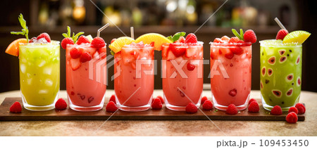 AI-generated content. Colorful selection of milky fruit flavored bubble tea arranged in line on wooden table and bokeh background. panoramic banner format 109453450