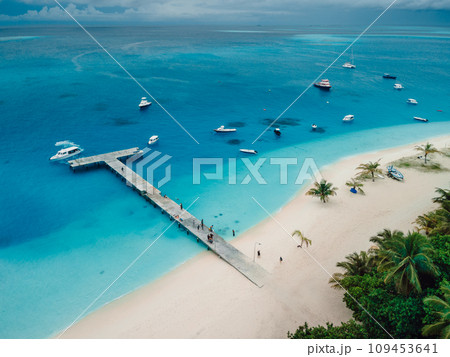 Aerial drone view of paradise Maldives tropical beach with pier and speed boats on island. Summer and travel vacation concept. 109453641