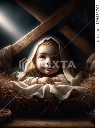 Oil painting nativity scene with baby Jesus close up with a sweet and expressive face that transmits peace and serenity.Christmas scene banner or card copy space Christmas greetings 109453703