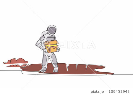 Single continuous line drawing astronaut carrying chest treasure in moon ground. Spaceman finding gem box artefact. Gold hunting. Cosmonaut deep space. One line draw graphic design vector illustration Single continuous line drawing astronaut carrying chest treasure in moon ground. Spaceman finding gem box artefact. Gold hunting. Cosmonaut deep space. One line draw graphic design vector illustration 109453942
