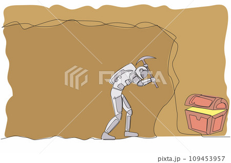 Continuous one line drawing young astronaut digging with pickaxe in moon cave. Looking for treasure chest in underground tunnel. Cosmonaut outer space. Single line graphic design vector illustration 109453957