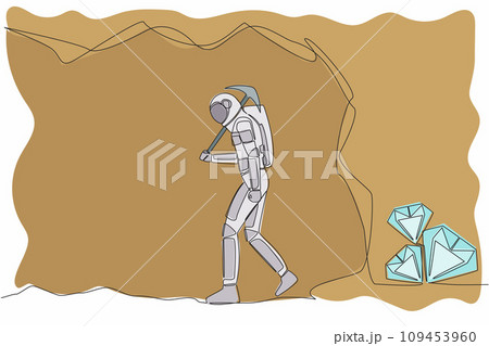 Single one line drawing astronaut give up before reach diamonds. Stop digging with pickaxe, not knowing diamond almost revealed. Cosmic galaxy space. Continuous line graphic design vector illustration Single one line drawing astronaut give up before reach diamonds. Stop digging with pickaxe, not knowing diamond almost revealed. Cosmic galaxy space. Continuous line graphic design vector illustration 109453960