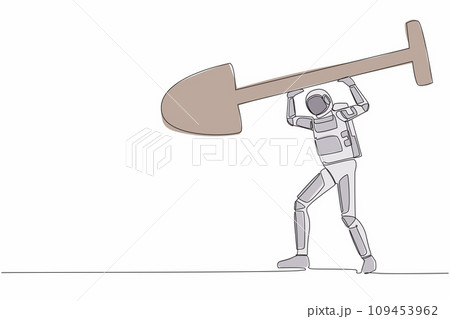 Continuous one line drawing astronaut standing and lifting big shovel. Depicts successful and achievement, in galactic discovery. Cosmonaut outer space. Single line graphic design vector illustration 109453962