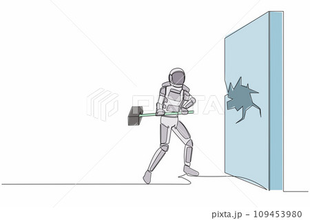 Continuous one line drawing astronaut breaks and hitting wall with hammer. Achievement way for success space expedition project. Cosmonaut outer space. Single line graphic design vector illustration Continuous one line drawing astronaut breaks and hitting wall with hammer. Achievement way for success space expedition project. Cosmonaut outer space. Single line graphic design vector illustration 109453980