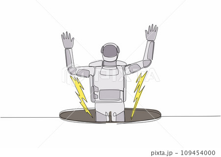 Single one line drawing young astronaut fell into manhole underground sewer. Spaceman fell sewer hatch. Space business failure. Cosmic galaxy space. Continuous line graphic design vector illustration 109454000