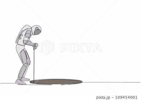 Single continuous line drawing of astronaut stretch out rope into hole. Spaceman wondering and looking at hole. Spaceship exploration. Cosmonaut deep space. One line graphic design vector illustration Single continuous line drawing of astronaut stretch out rope into hole. Spaceman wondering and looking at hole. Spaceship exploration. Cosmonaut deep space. One line graphic design vector illustration 109454001