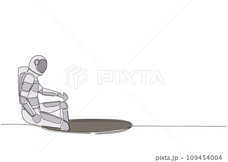 Continuous one line drawing astronaut descends into the hole. Failure to take advantage of spaceship business opportunities. Cosmonaut outer space. Single line draw graphic design vector illustration Continuous one line drawing astronaut descends into the hole. Failure to take advantage of spaceship business opportunities. Cosmonaut outer space. Single line draw graphic design vector illustration 109454004