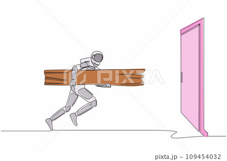 Single continuous line drawing of young astronaut holding large log and destroying door. Overcome challenges and obstacles with power. Cosmonaut deep space. One line graphic design vector illustration Single continuous line drawing of young astronaut holding large log and destroying door. Overcome challenges and obstacles with power. Cosmonaut deep space. One line graphic design vector illustration 109454032