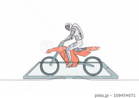 Single one line drawing of young astronaut motocross rider ride motocross bike on smartphone screen. Freestyle motocross extreme sport. Cosmic galaxy space. Continuous line design vector illustration 109454071
