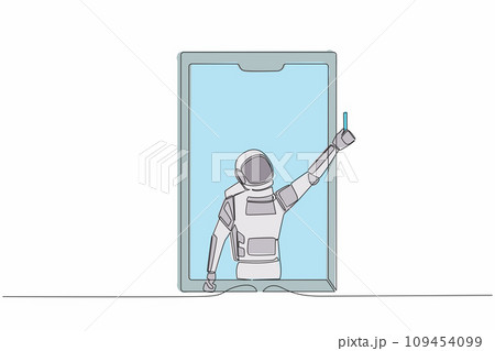 Continuous one line drawing of astronaut soccer referee showing yellow card out of smartphone screen. Smartphone with app soccer football. Cosmonaut outer space. Single line design vector illustration Continuous one line drawing of astronaut soccer referee showing yellow card out of smartphone screen. Smartphone with app soccer football. Cosmonaut outer space. Single line design vector illustration 109454099