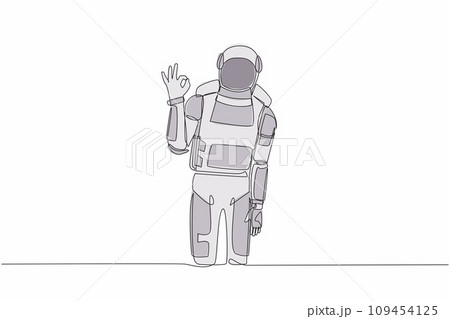 Single continuous line drawing young astronaut gesturing ok sign with fingers in moon surface. Okay sign gesture. Future technology. Cosmonaut deep space. One line graphic design vector illustration Single continuous line drawing young astronaut gesturing ok sign with fingers in moon surface. Okay sign gesture. Future technology. Cosmonaut deep space. One line graphic design vector illustration 109454125
