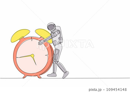 Single continuous line drawing young astronaut hugging huge alarm clock in moon surface. Deadline spaceship expedition project. Cosmonaut deep space. One line draw graphic design vector illustration Single continuous line drawing young astronaut hugging huge alarm clock in moon surface. Deadline spaceship expedition project. Cosmonaut deep space. One line draw graphic design vector illustration 109454148