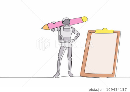 Single continuous line drawing young astronaut carrying big pencil and looking clipboard in moon surface. Checklist of spaceship duty. Cosmonaut deep space. One line graphic design vector illustration 109454157