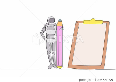 Single continuous line drawing of young astronaut holding big pencil and looking clipboard in moon surface. Expedition document. Cosmonaut deep space. One line draw graphic design vector illustration 109454159