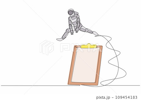 Single continuous line drawing astronaut jumping over clipboard. Checklist space expedition survey application paper sheets document. Cosmonaut deep space. One line graphic design vector illustration Single continuous line drawing astronaut jumping over clipboard. Checklist space expedition survey application paper sheets document. Cosmonaut deep space. One line graphic design vector illustration 109454183
