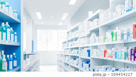 Pharmacy Background. Pharmacy blurred light tone with store drugs shelves interior background. Pharmacy medicine shelf in a row blurred background 109454227