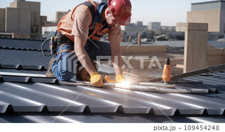 Roofer worker installing new roof under construction residential building. Construction workers working on roof installation and maintenance. 109454248