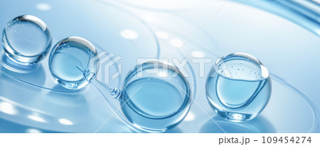 Scientific and cosmetology background with abstract molecular structure. Blue light transparent liquid bubbles. Science illustration of gel molecule. advertising collagen serum drop 109454274