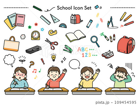 小学校で勉強する子供達のイラストと文房具のアイコンセット 109454595