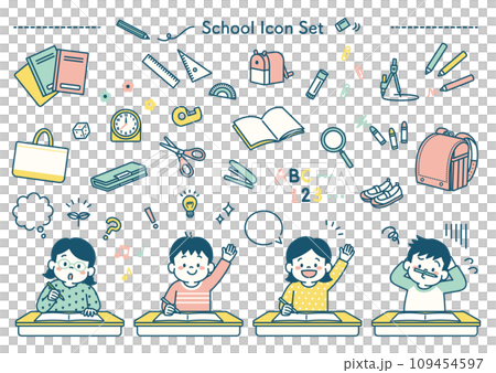 Simple illustration of children studying at elementary school and stationery icon set 109454597
