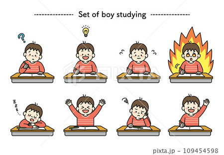 机に向かって勉強する男の子のイラストセット 109454598