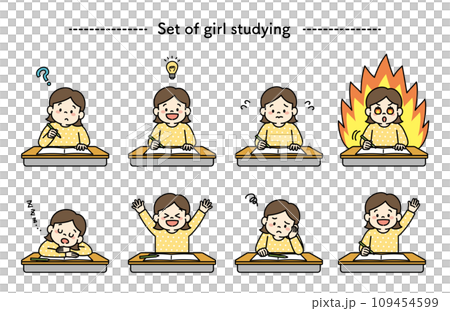 机に向かって勉強する女の子のイラストセット 109454599