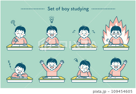 机に向かって勉強する男の子のイラストセット　シンプル 109454605