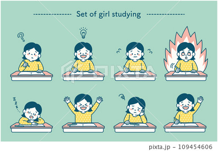 机に向かって勉強する女の子のイラストセット　シンプル 109454606