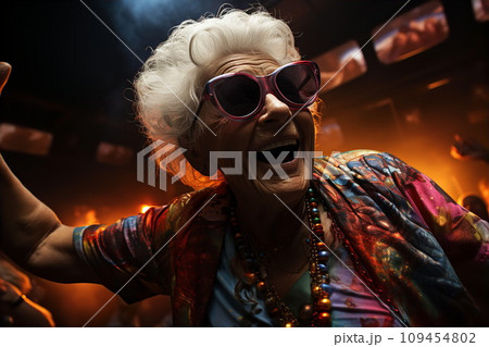 AI-generated content. Elderly people in stylish clothes and sunglasses at party or disco 109454802