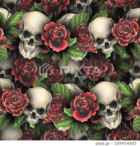 Human skulls realistic with black and red roses, green leaves and black branches. Hand drawn watercolor illustration. Dark, creepy seamless pattern for decoration and design of background. 109454803