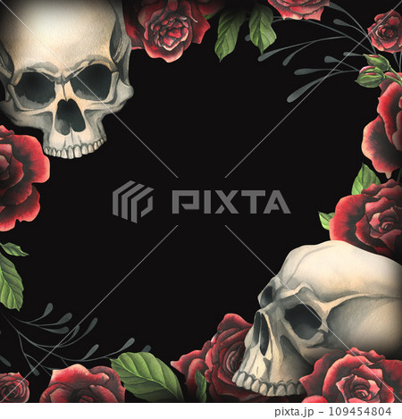 Human skulls realistic with black and red roses, green leaves and black branches. Hand drawn watercolor illustration. Creepy frame, template for decoration and design on a black background 109454804