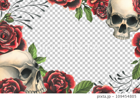 Human skulls realistic with black and red roses, green leaves and black branches. Hand drawn watercolor illustration. Creepy frame, template for decoration and design on a white background Human skulls realistic with black and red roses, green leaves and black branches. Hand drawn watercolor illustration. Creepy frame, template for decoration and design on a white background 109454805